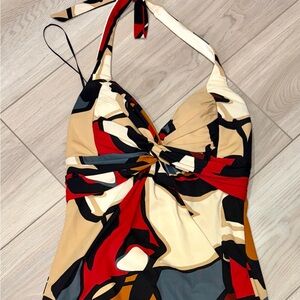 Cache Multicolor Halter Twist-Front Dress — Red, Black, Cream, Tan